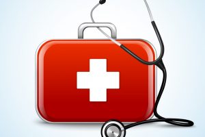 First aid healthcare concept with medical box and stethoscope vector illustration