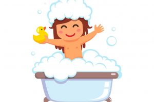 Happy baby girl taking bath with yellow duck toy and lots of foam bubbles. Flat style vector cartoon illustration isolated on white background.