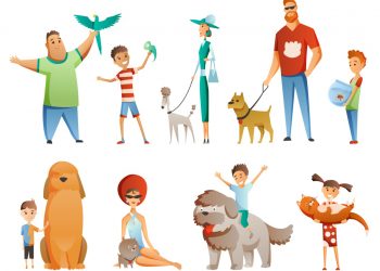 Collection of people with pets isolated on white background. Set of men and women holding their domestic animals. Bundle of male and female flat cartoon characters. Colorful vector illustration.